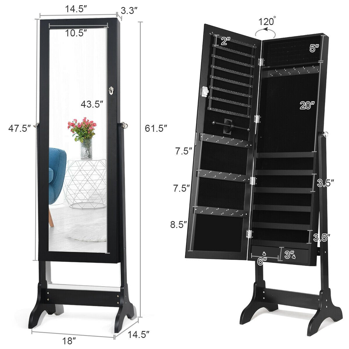 Lockable Mirrored Jewelry Cabinet Armoire Storage Organizer Box, Black - Gallery Canada