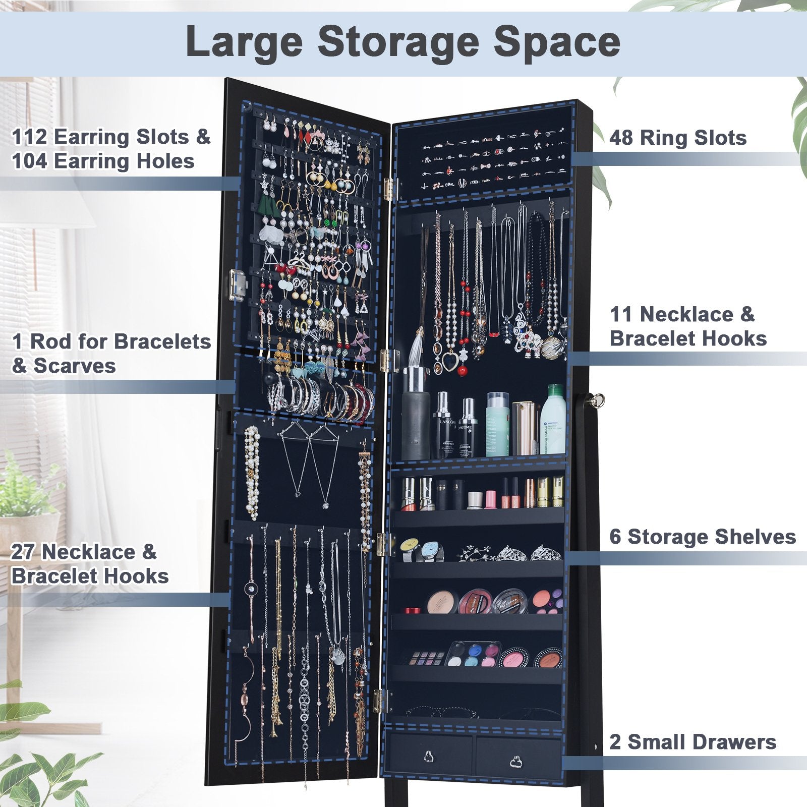 Lockable Mirrored Jewelry Cabinet Armoire Storage Organizer Box, Black Jewelry Armoires   at Gallery Canada