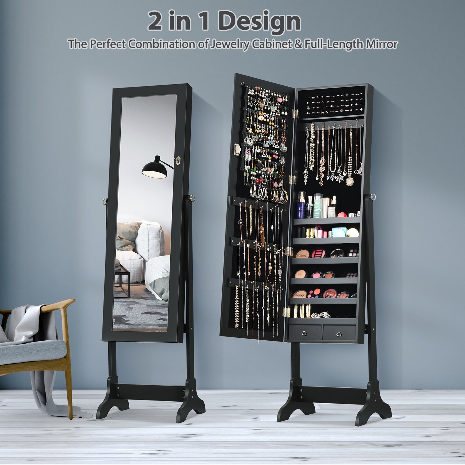 Lockable Mirrored Jewelry Cabinet Armoire Storage Organizer Box, Black Jewelry Armoires   at Gallery Canada