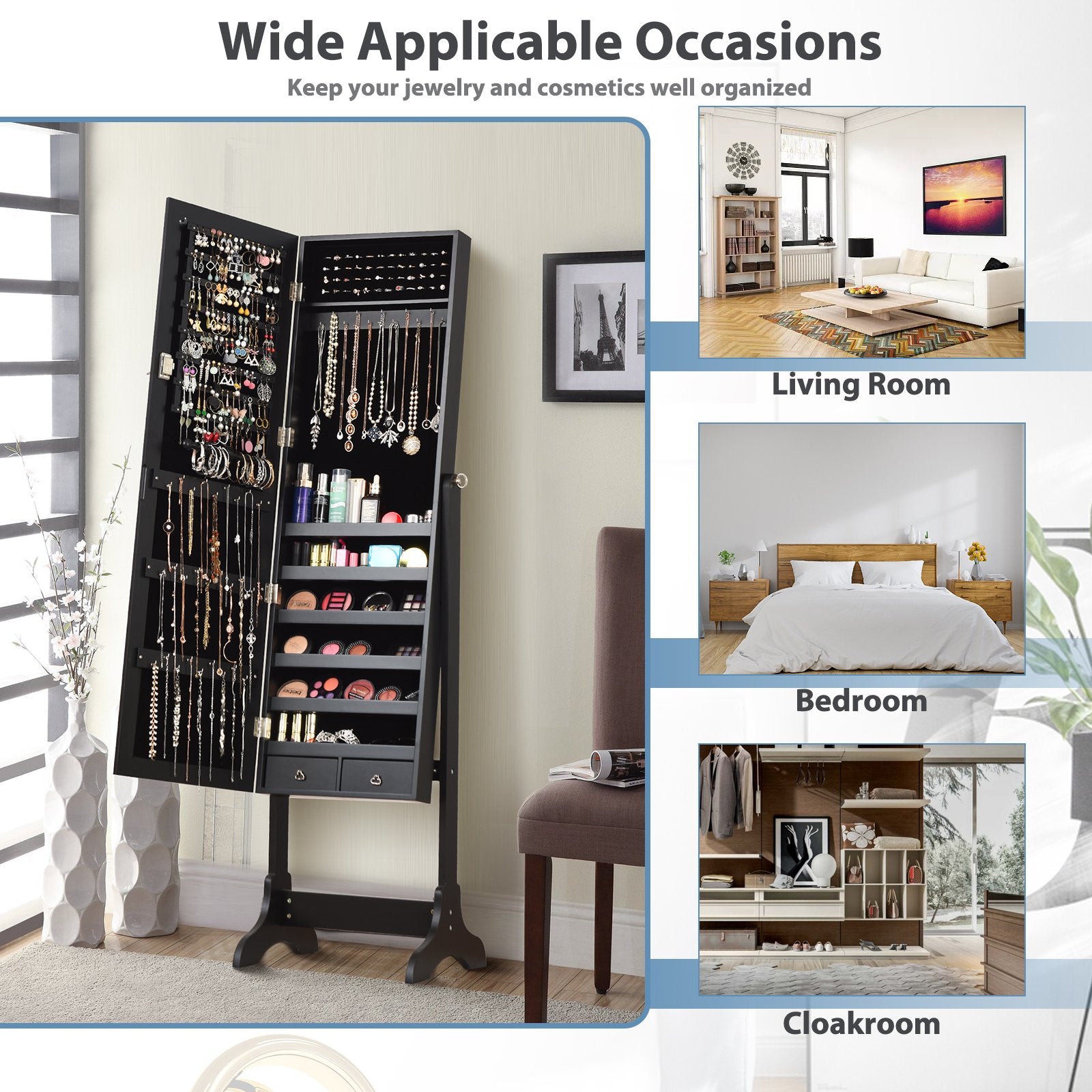 Lockable Mirrored Jewelry Cabinet Armoire Storage Organizer Box, Black Jewelry Armoires   at Gallery Canada