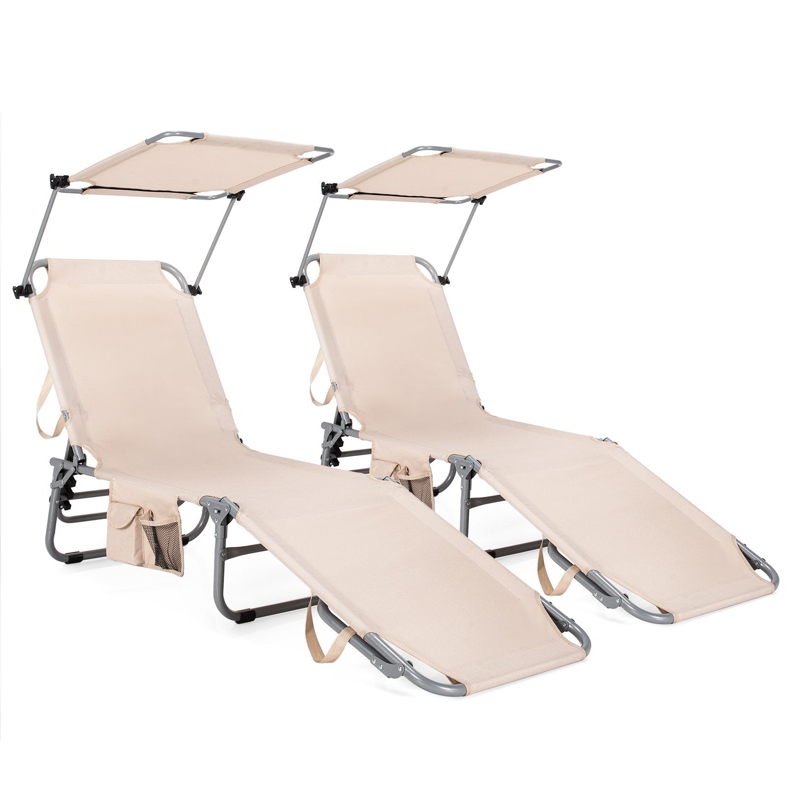 Adjustable Outdoor Beach Patio Pool Recliner with Sun Shade, Beige Outdoor Chaise Lounges   at Gallery Canada