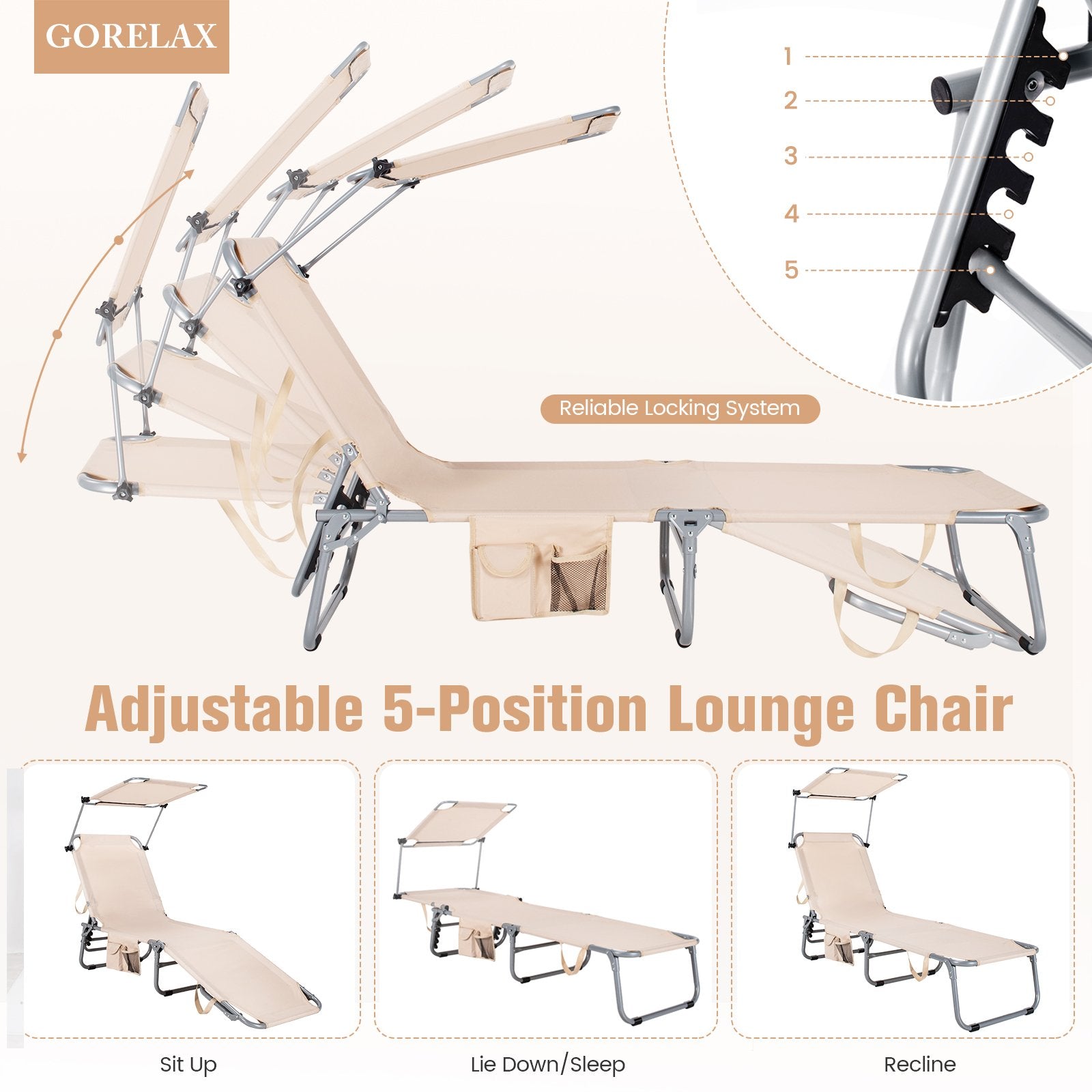 Adjustable Outdoor Beach Patio Pool Recliner with Sun Shade, Beige Outdoor Chaise Lounges   at Gallery Canada