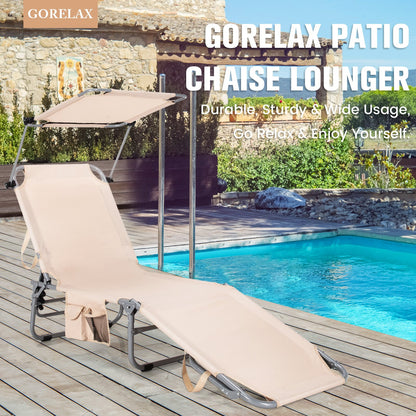 Adjustable Outdoor Beach Patio Pool Recliner with Sun Shade, Beige Outdoor Chaise Lounges   at Gallery Canada