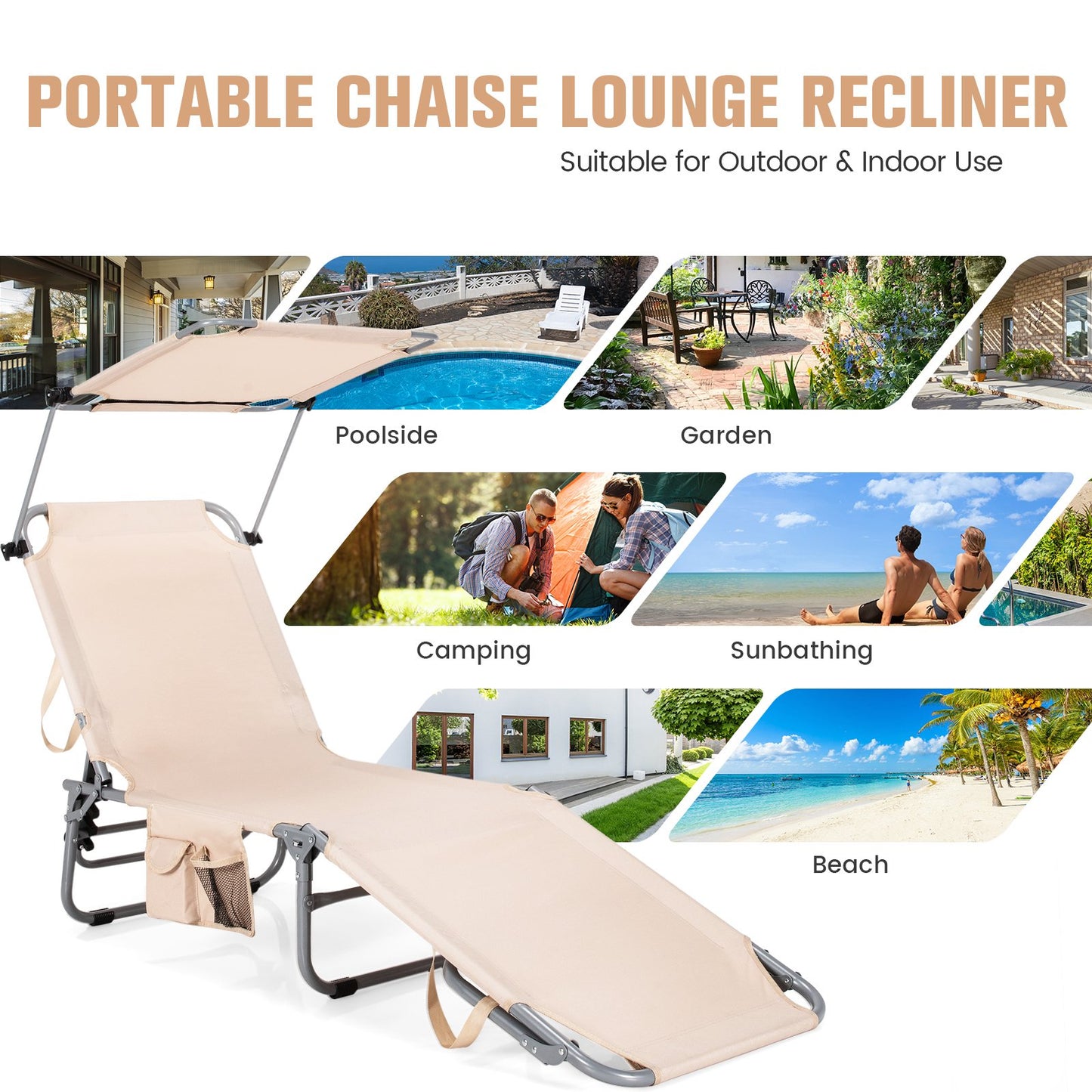 Adjustable Outdoor Beach Patio Pool Recliner with Sun Shade, Beige Outdoor Chaise Lounges   at Gallery Canada