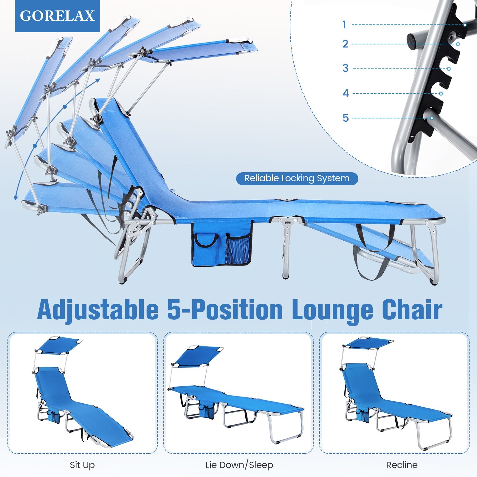 Adjustable Outdoor Beach Patio Pool Recliner with Sun Shade, Navy Outdoor Chaise Lounges   at Gallery Canada