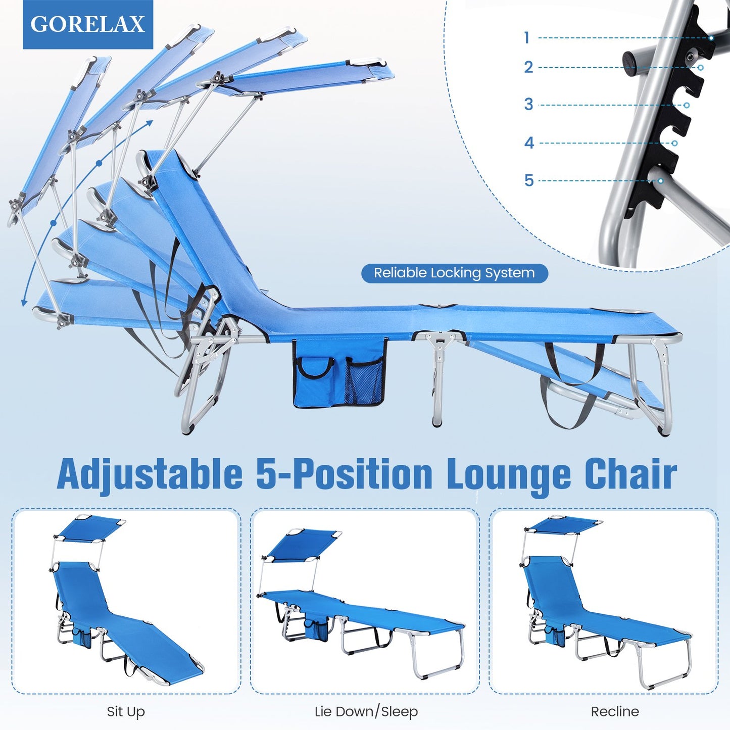 Adjustable Outdoor Beach Patio Pool Recliner with Sun Shade, Navy Outdoor Chaise Lounges   at Gallery Canada