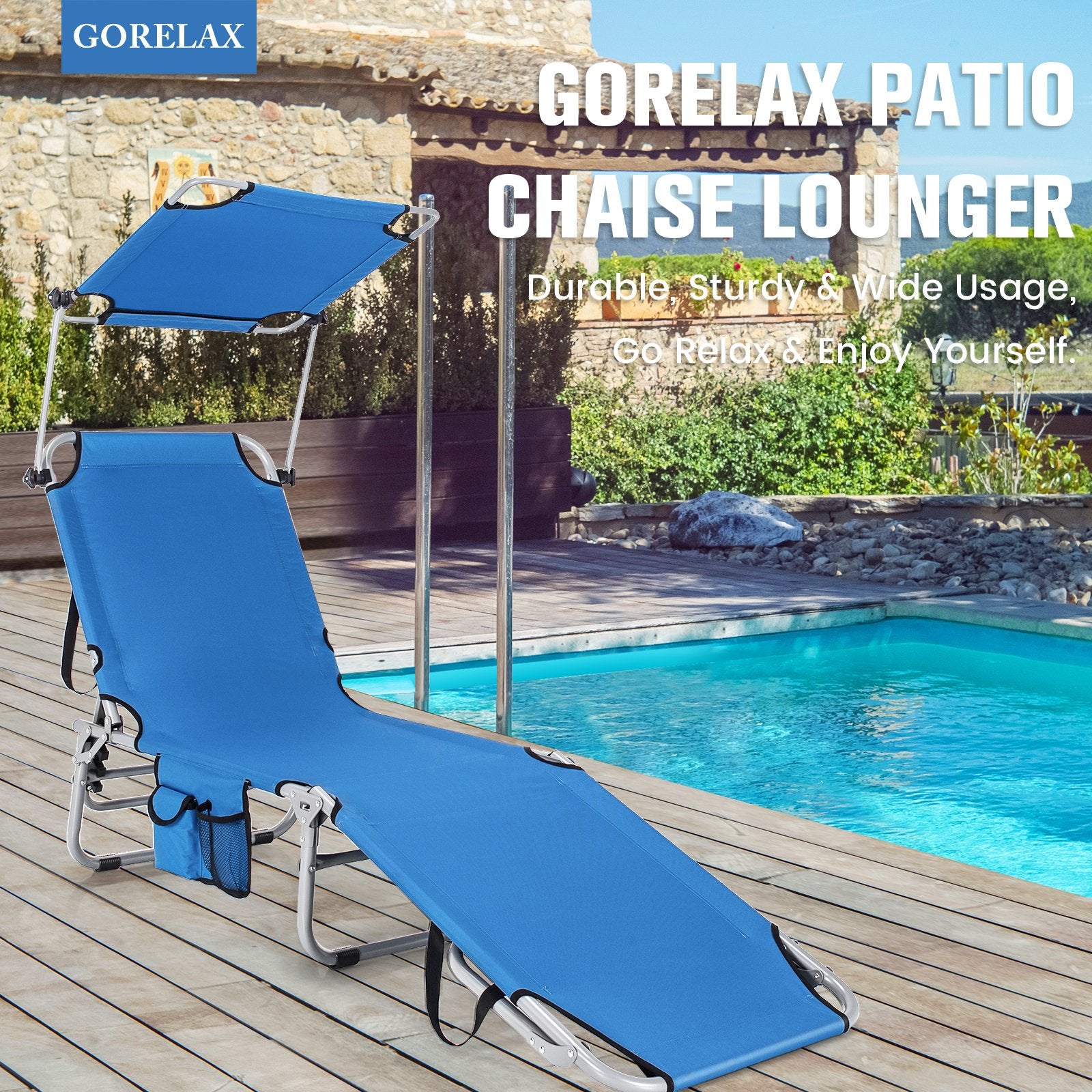 Adjustable Outdoor Beach Patio Pool Recliner with Sun Shade, Navy Outdoor Chaise Lounges   at Gallery Canada