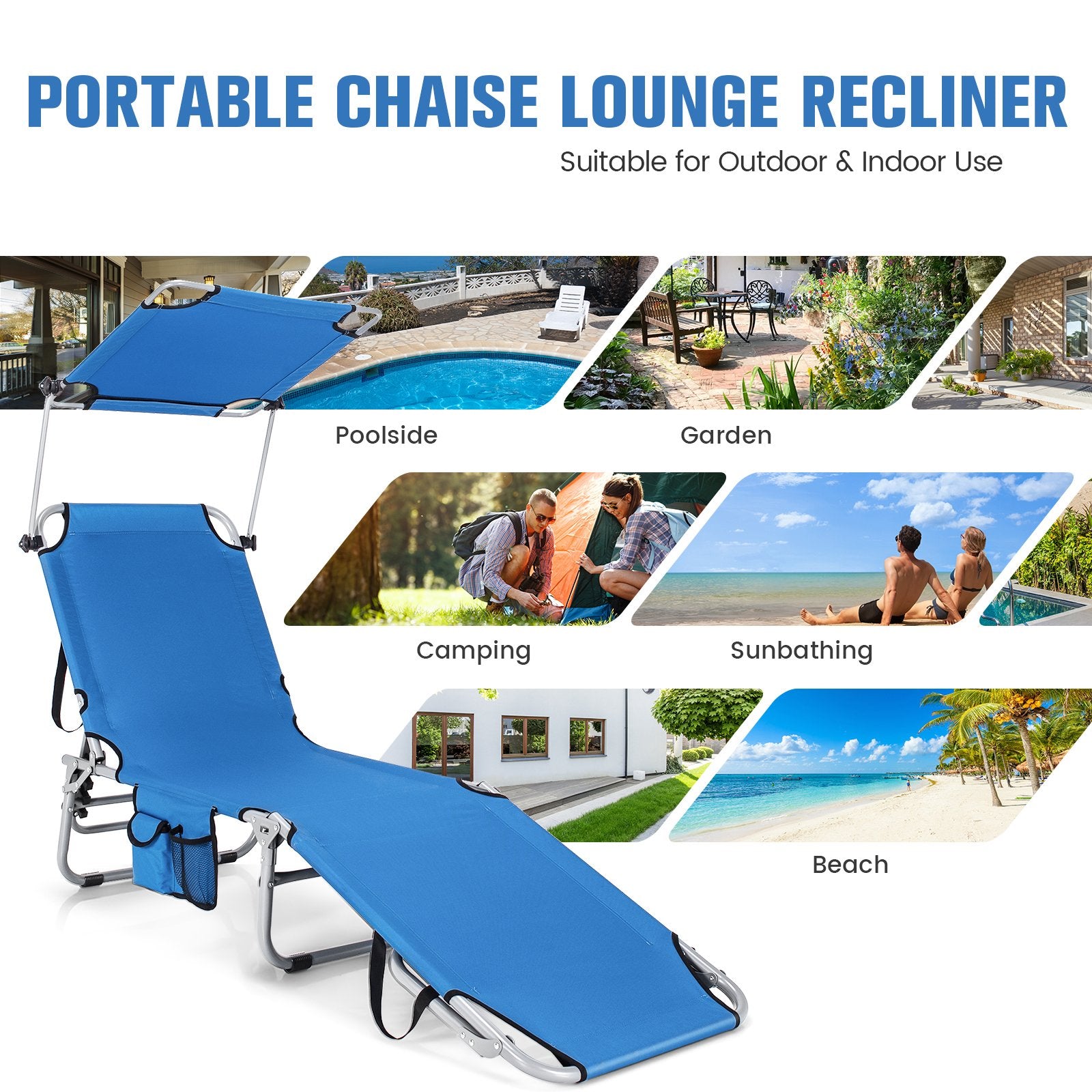 Adjustable Outdoor Beach Patio Pool Recliner with Sun Shade, Navy Outdoor Chaise Lounges   at Gallery Canada