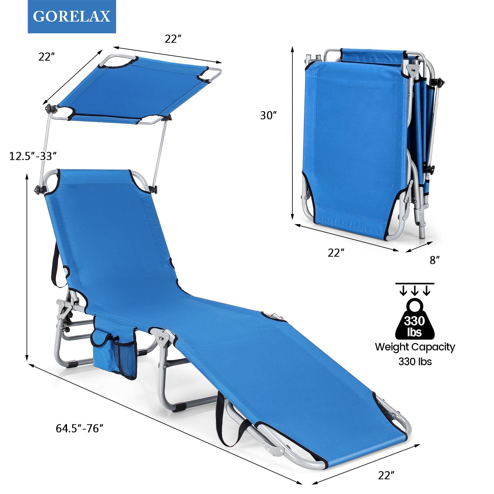 Adjustable Outdoor Beach Patio Pool Recliner with Sun Shade, Navy Outdoor Chaise Lounges   at Gallery Canada