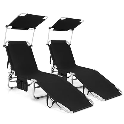 Adjustable Outdoor Beach Patio Pool Recliner with Sun Shade, Black Outdoor Chaise Lounges   at Gallery Canada