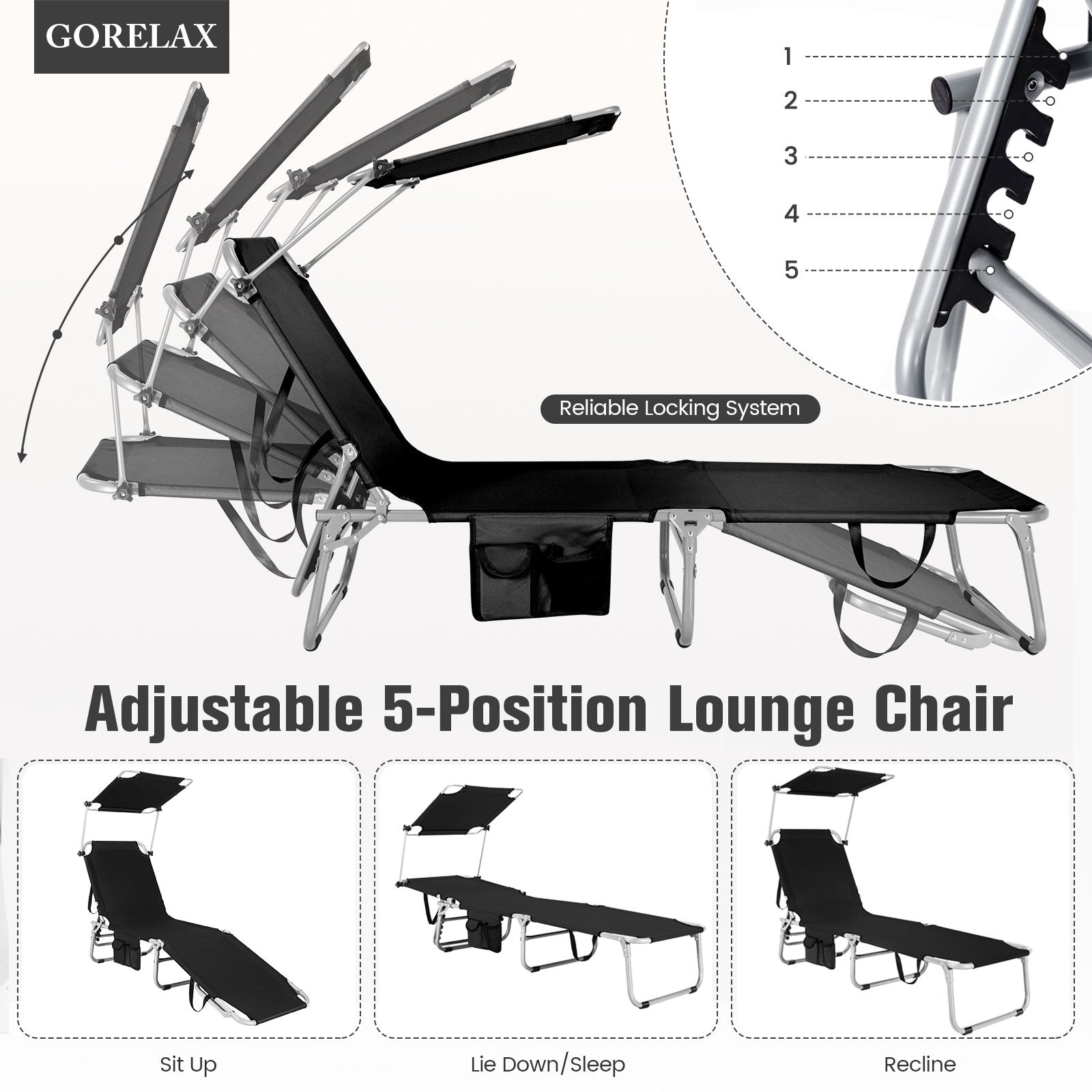 Adjustable Outdoor Beach Patio Pool Recliner with Sun Shade, Black Outdoor Chaise Lounges   at Gallery Canada