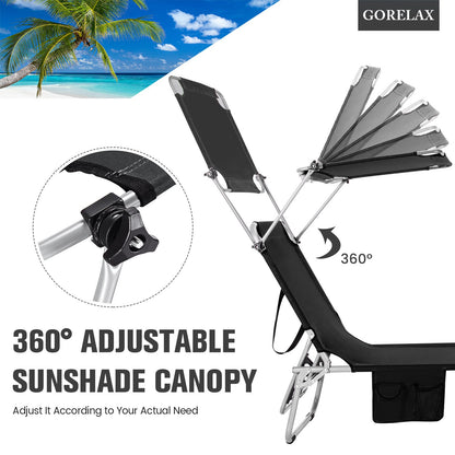 Adjustable Outdoor Beach Patio Pool Recliner with Sun Shade, Black Outdoor Chaise Lounges   at Gallery Canada