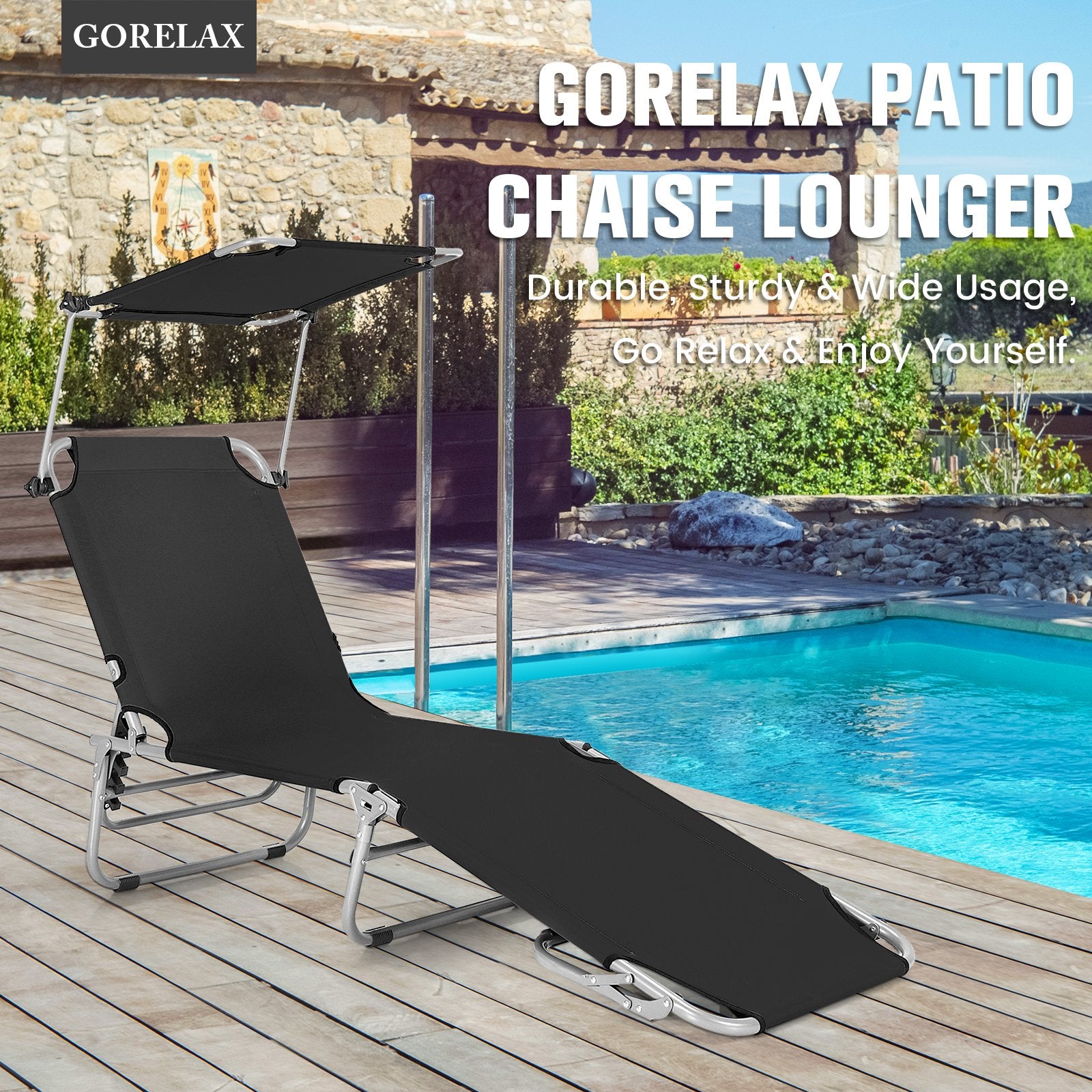 Adjustable Outdoor Beach Patio Pool Recliner with Sun Shade, Black Outdoor Chaise Lounges   at Gallery Canada