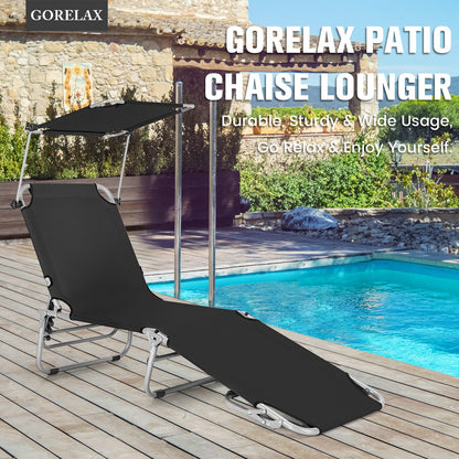 Adjustable Outdoor Beach Patio Pool Recliner with Sun Shade, Black Outdoor Chaise Lounges   at Gallery Canada