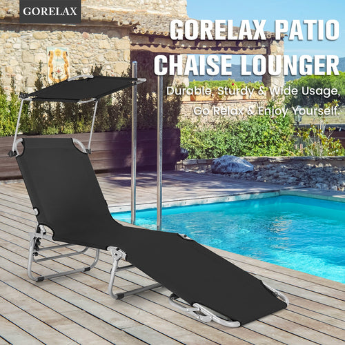 Adjustable Outdoor Beach Patio Pool Recliner with Sun Shade, Black