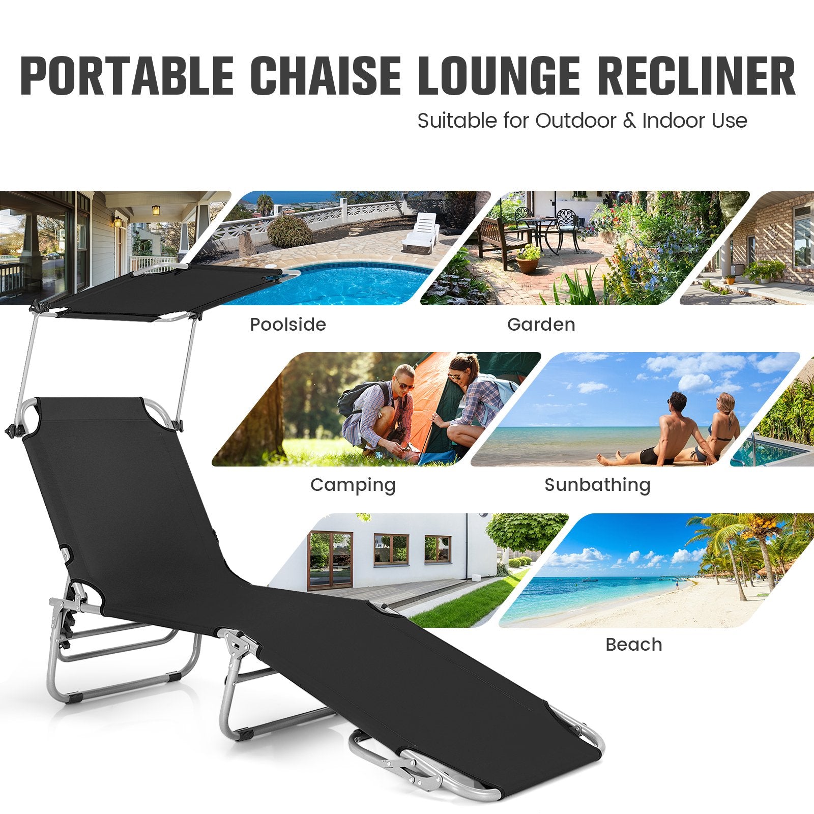 Adjustable Outdoor Beach Patio Pool Recliner with Sun Shade, Black Outdoor Chaise Lounges   at Gallery Canada