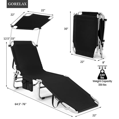 Adjustable Outdoor Beach Patio Pool Recliner with Sun Shade, Black Outdoor Chaise Lounges   at Gallery Canada