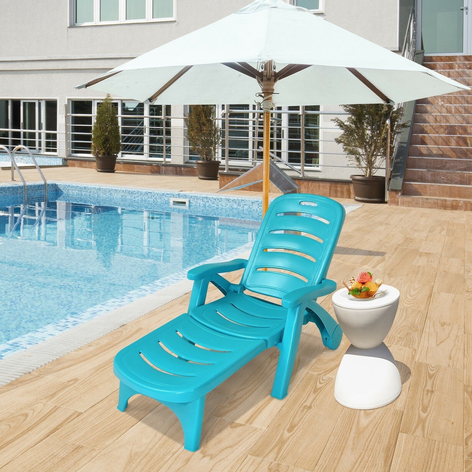 5 Position Adjustable Folding Lounger Chaise Chair on Wheels, Turquoise Outdoor Chaise Lounges   at Gallery Canada