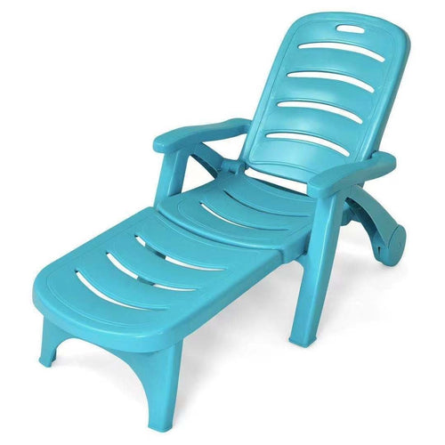 5 Position Adjustable Folding Lounger Chaise Chair on Wheels, Turquoise