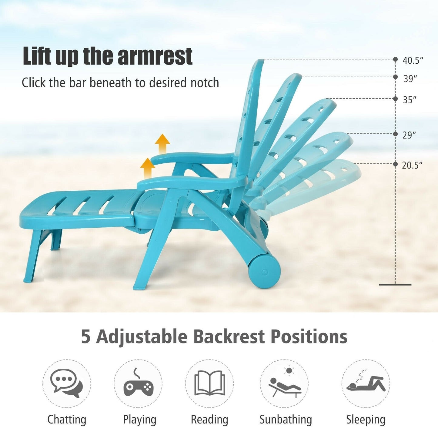 5 Position Adjustable Folding Lounger Chaise Chair on Wheels, Turquoise Outdoor Chaise Lounges   at Gallery Canada