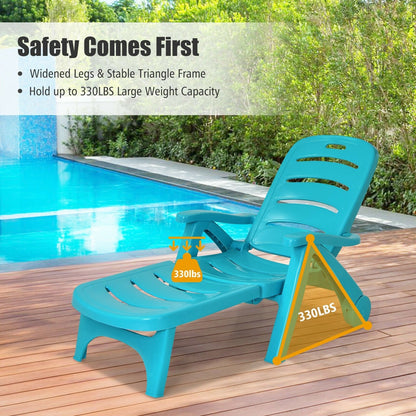 5 Position Adjustable Folding Lounger Chaise Chair on Wheels, Turquoise Outdoor Chaise Lounges   at Gallery Canada