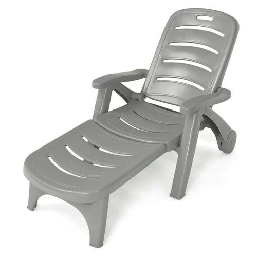 5 Position Adjustable Folding Lounger Chaise Chair on Wheels, Gray