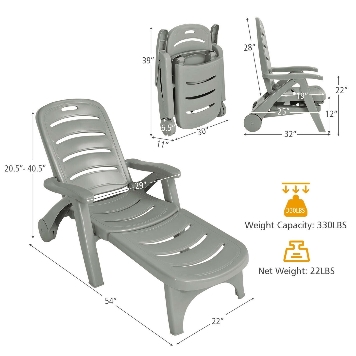 5 Position Adjustable Folding Lounger Chaise Chair on Wheels, Gray Outdoor Chaise Lounges   at Gallery Canada