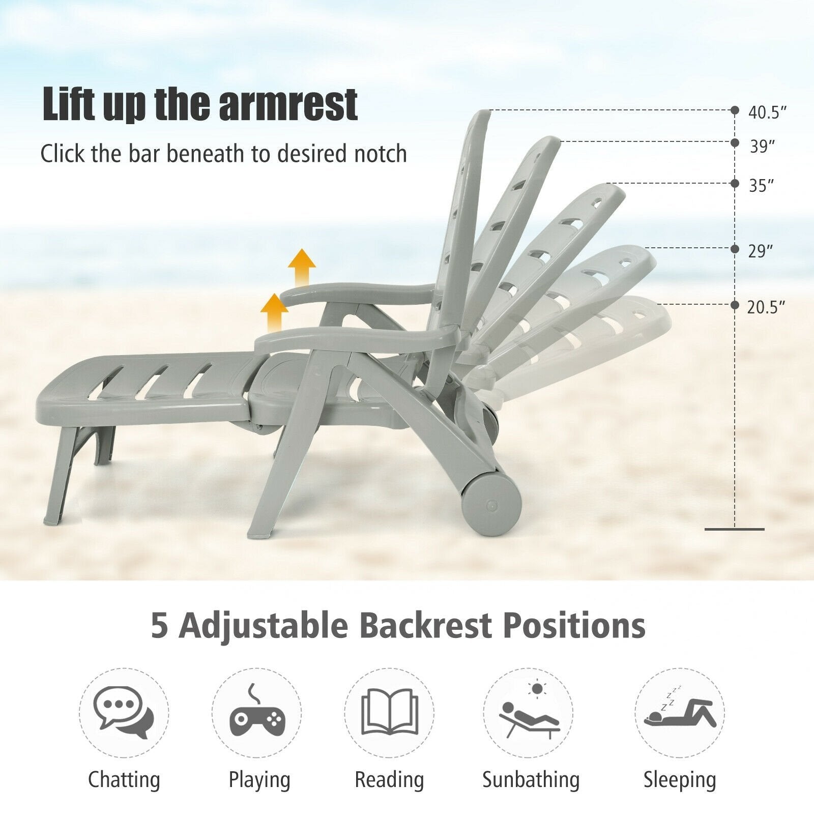 5 Position Adjustable Folding Lounger Chaise Chair on Wheels, Gray Outdoor Chaise Lounges   at Gallery Canada