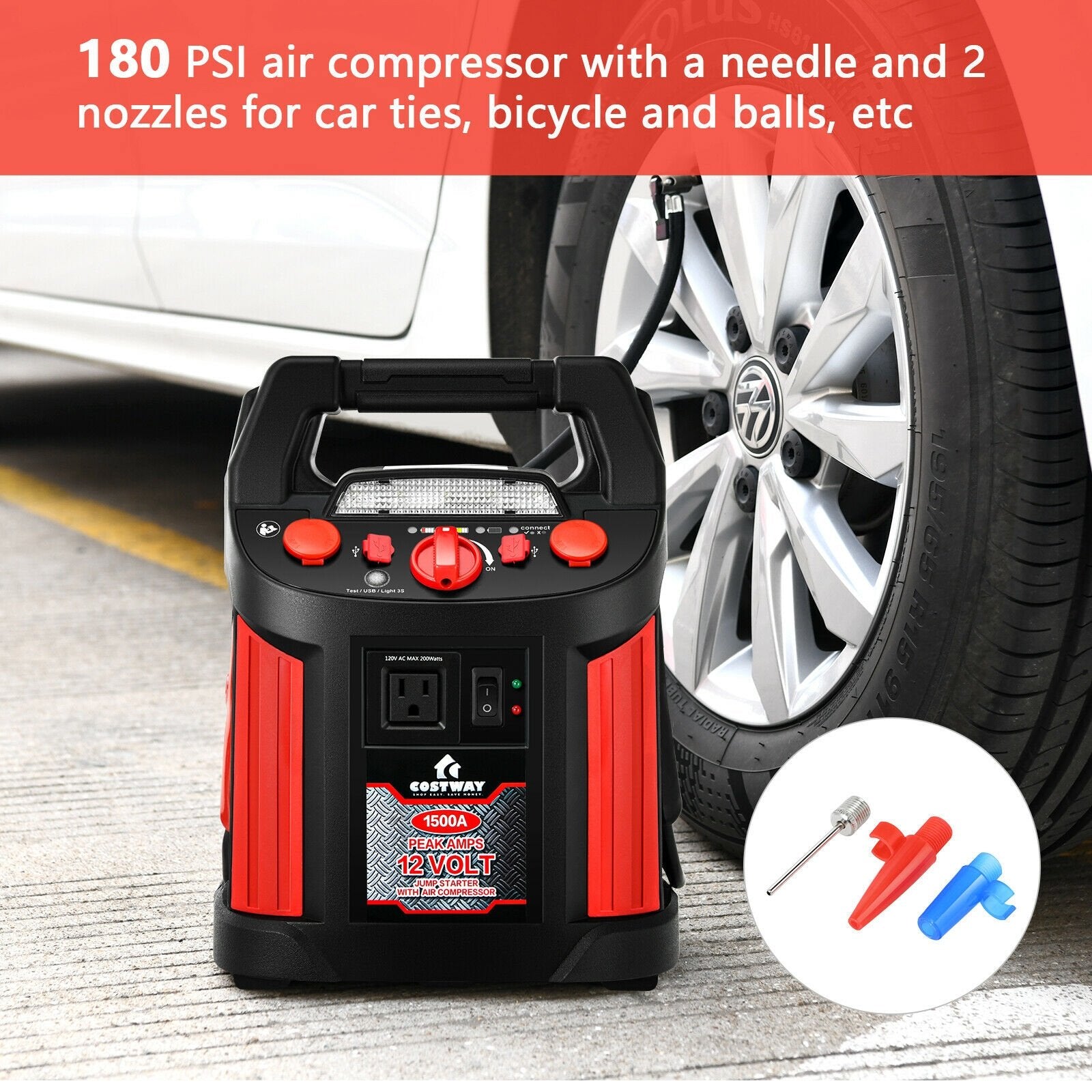 Jump Starter Air Compressor Power Bank Charger with LED Light and DC Outlet, Black & Red Garages   at Gallery Canada