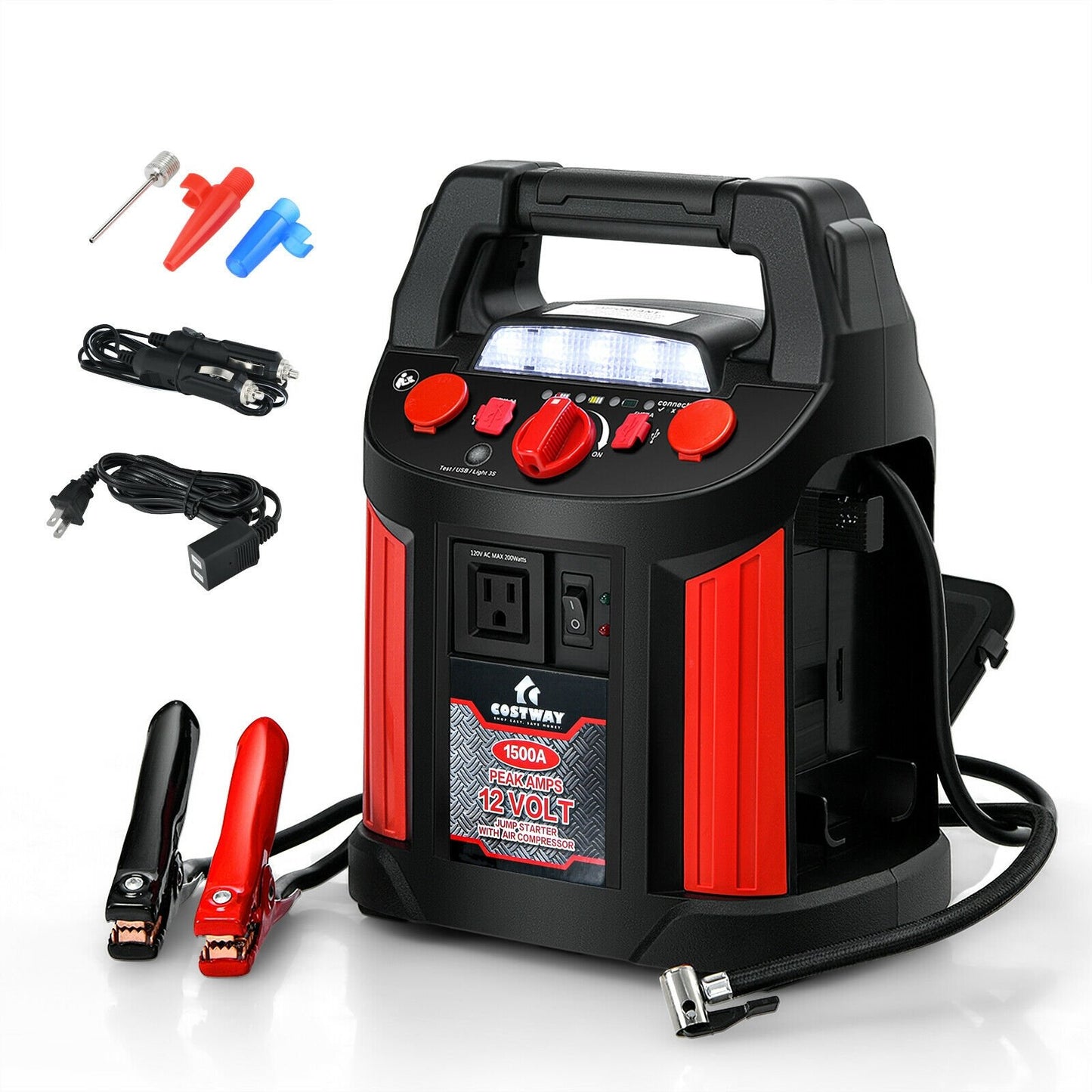 Jump Starter Air Compressor Power Bank Charger with LED Light and DC Outlet, Black & Red Garages Black & Red  at Gallery Canada