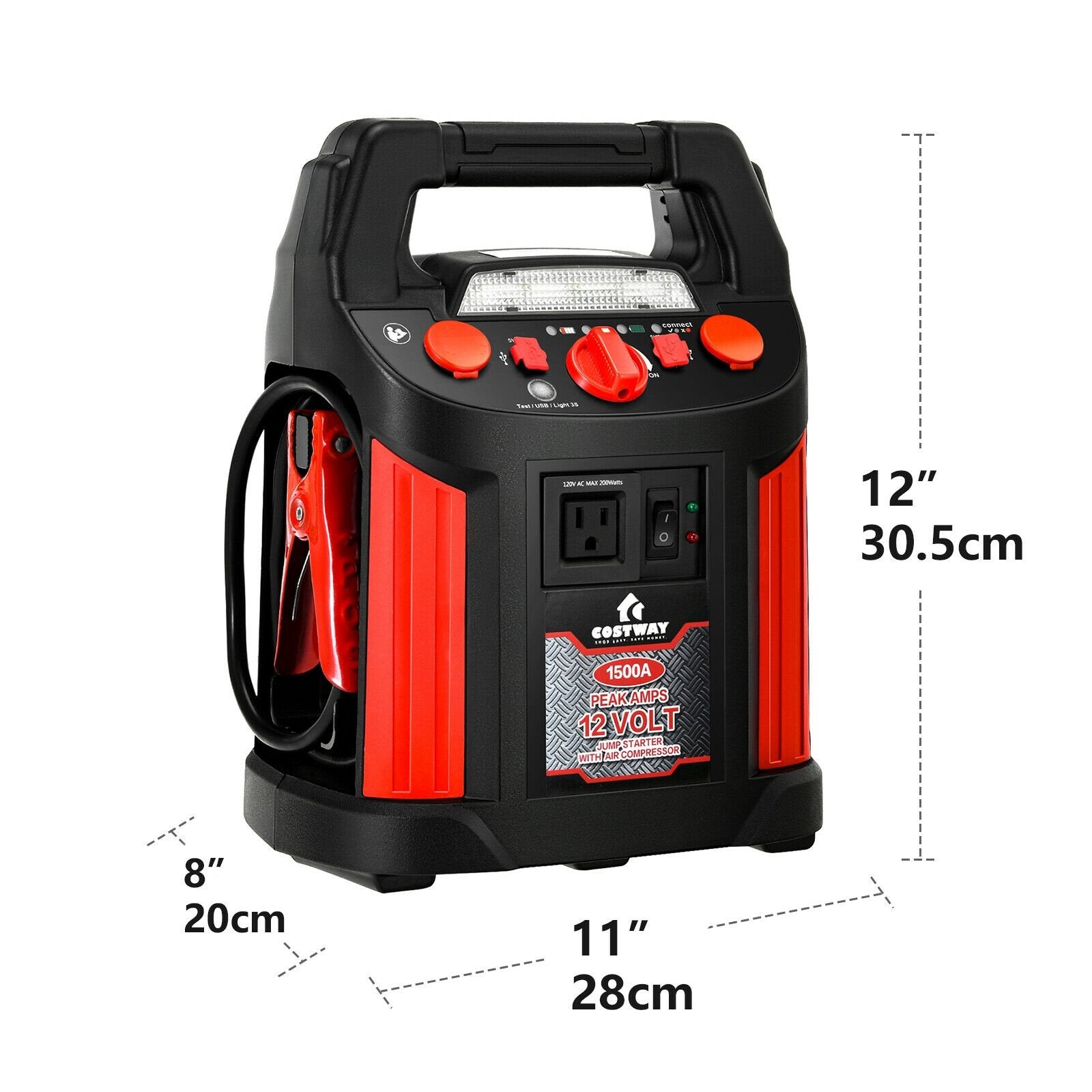 Jump Starter Air Compressor Power Bank Charger with LED Light and DC Outlet, Black & Red Garages   at Gallery Canada