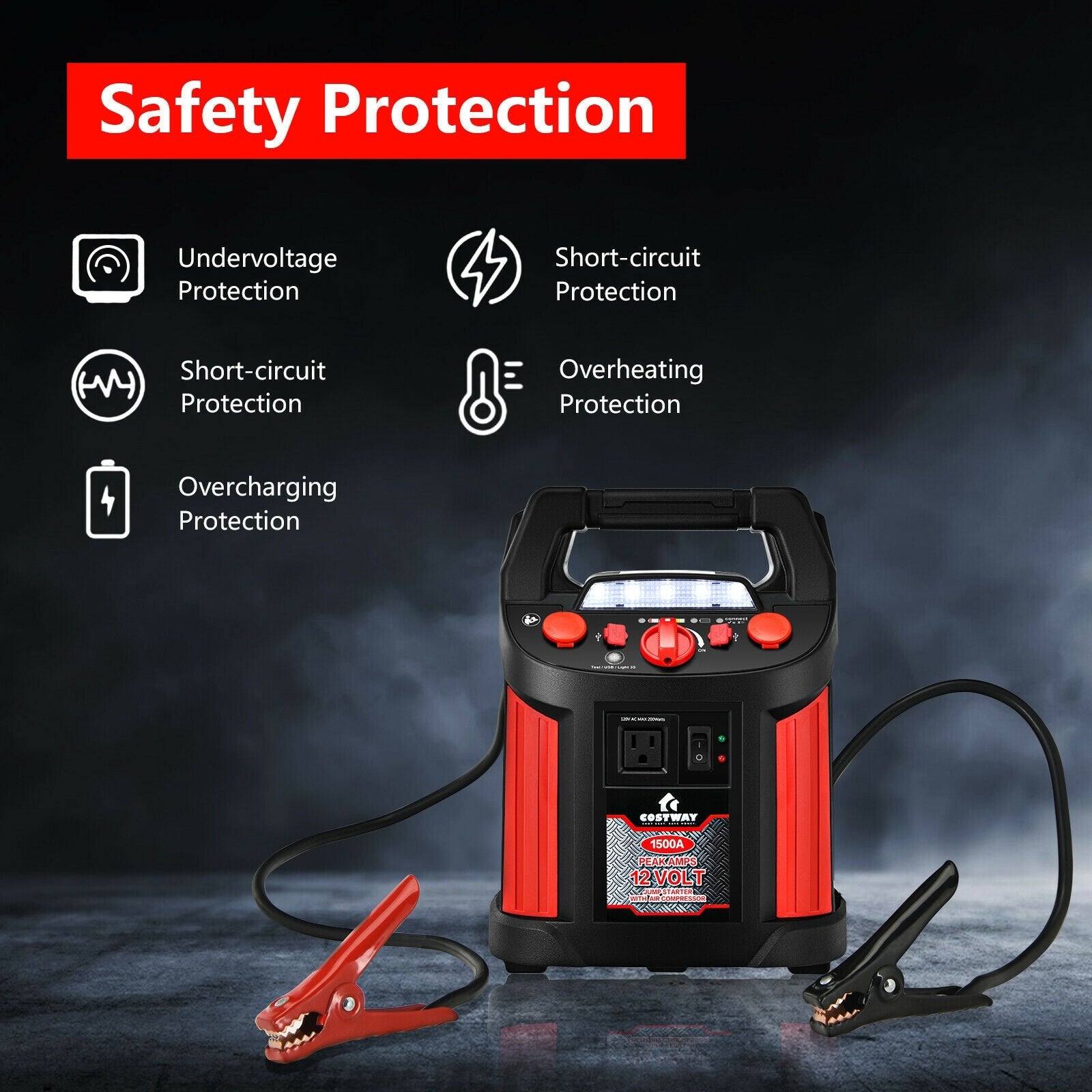 Jump Starter Air Compressor Power Bank Charger with LED Light and DC Outlet, Black & Red Garages   at Gallery Canada