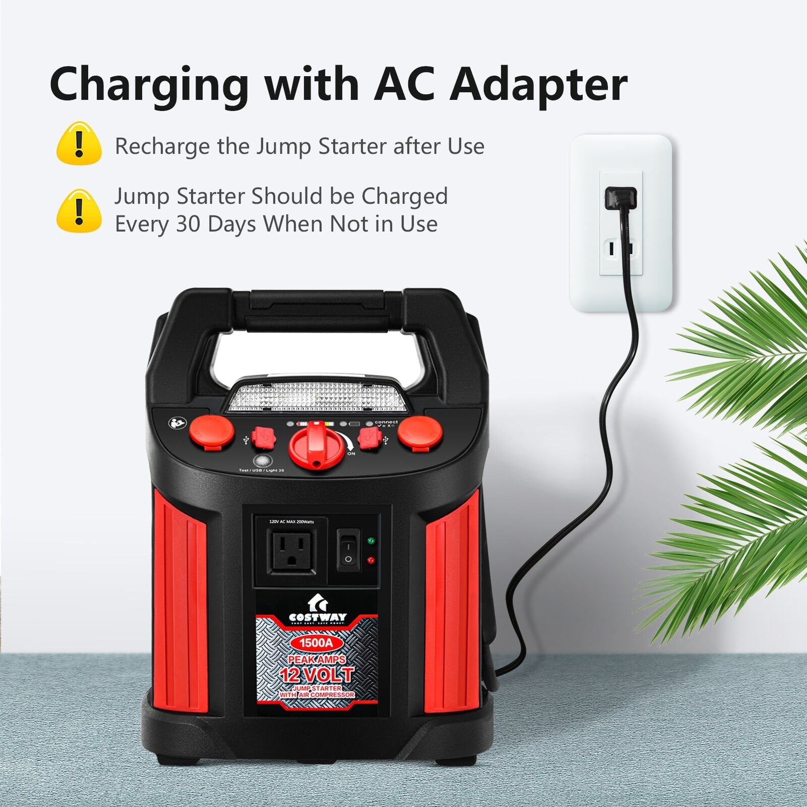 Jump Starter Air Compressor Power Bank Charger with LED Light and DC Outlet, Black & Red Garages   at Gallery Canada