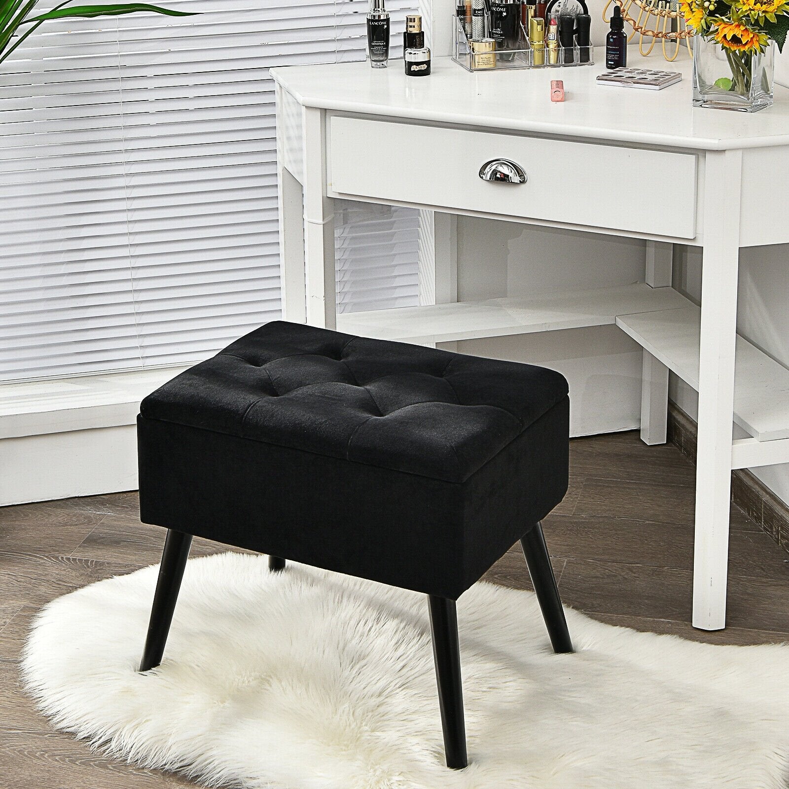 Velvet Storage Ottoman with Solid Wood Legs for Living Room Bedroom, Black Ottomans   at Gallery Canada