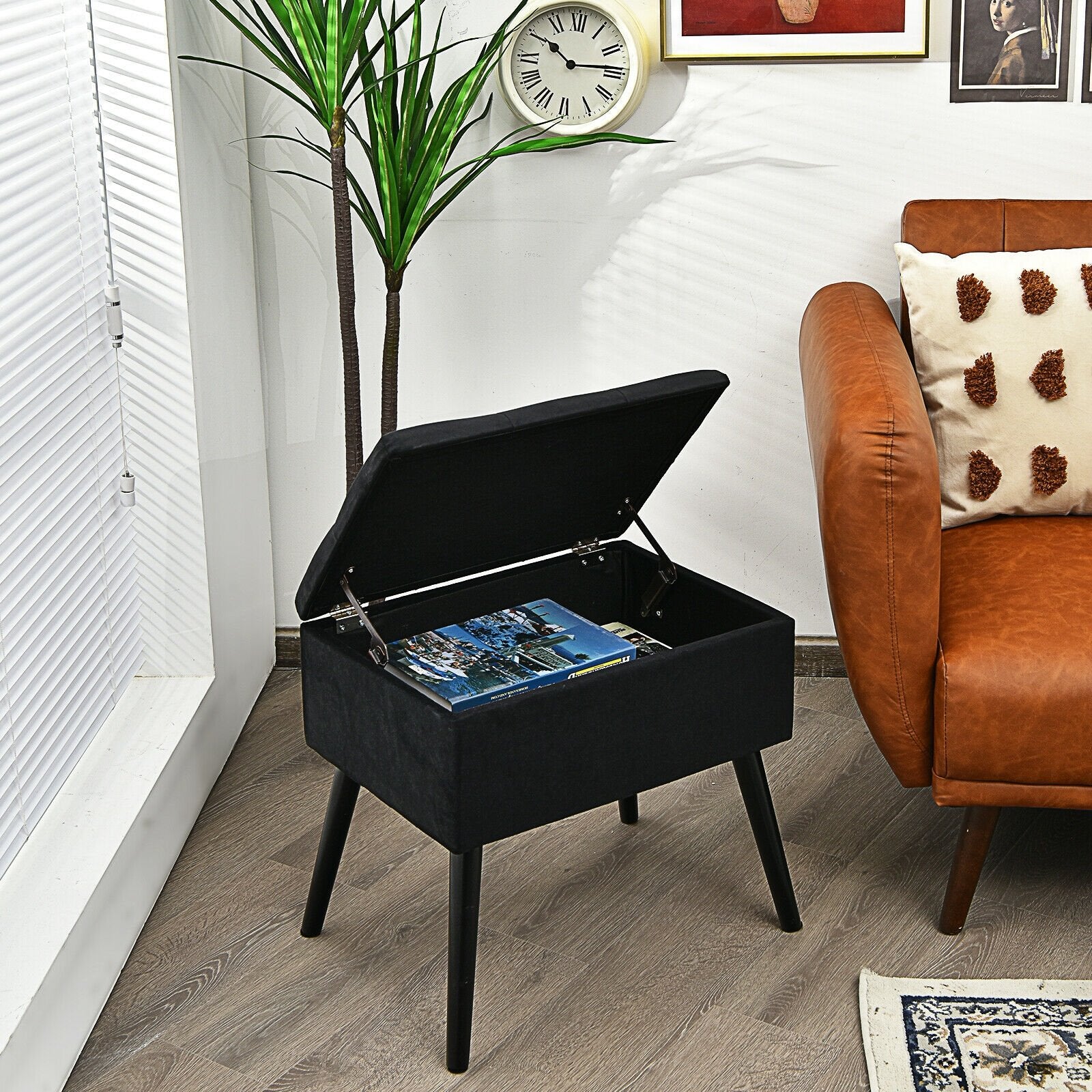 Velvet Storage Ottoman with Solid Wood Legs for Living Room Bedroom, Black Ottomans   at Gallery Canada