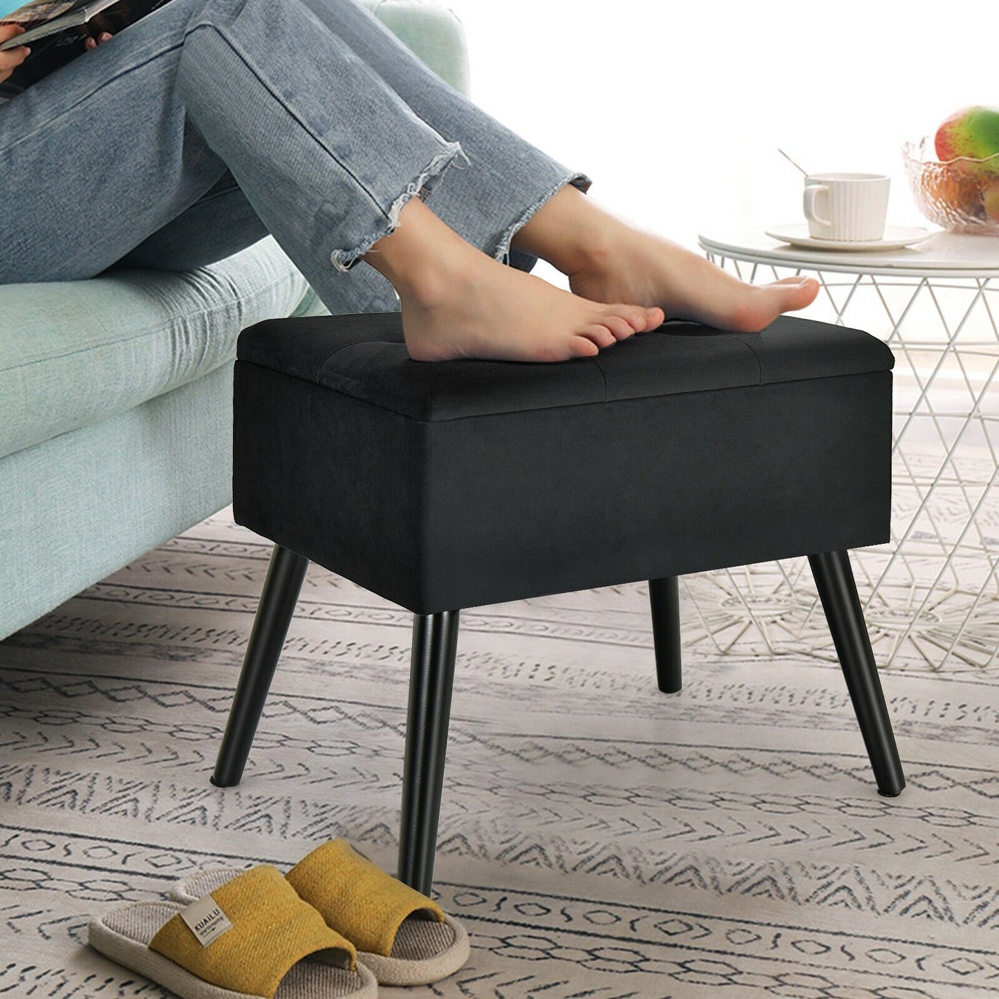 Velvet Storage Ottoman with Solid Wood Legs for Living Room Bedroom, Black Ottomans   at Gallery Canada