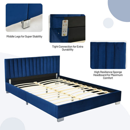 Full Tufted Upholstered Platform Bed Frame with Flannel Headboard, Navy - Gallery Canada
