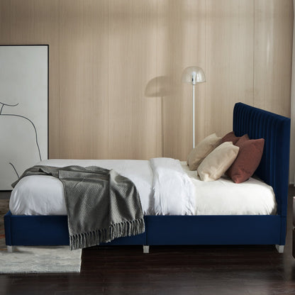 Full Tufted Upholstered Platform Bed Frame with Flannel Headboard, Navy - Gallery Canada