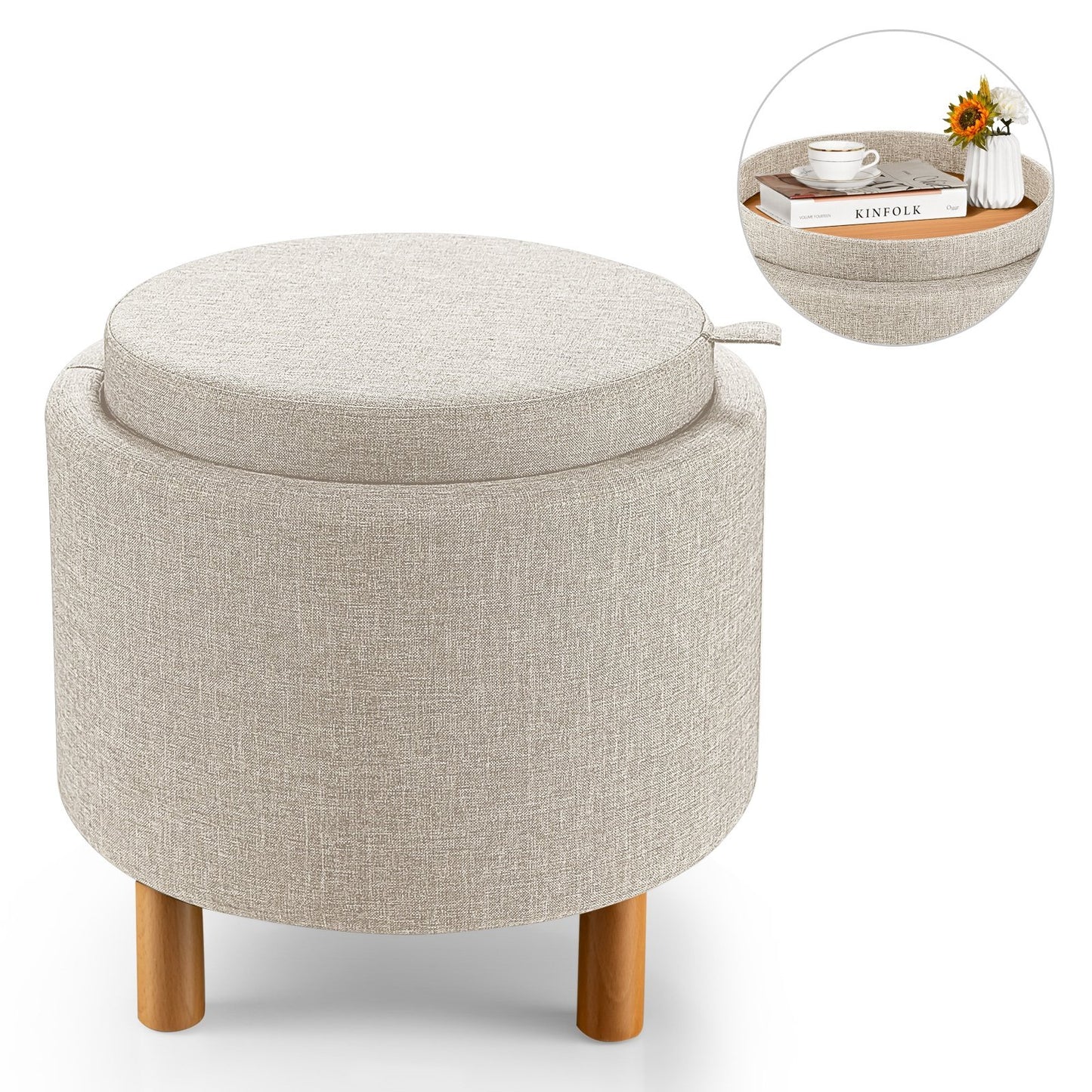 Round Fabric Storage Ottoman with Tray and Non-Slip Pads for Bedroom, Beige Ottomans   at Gallery Canada