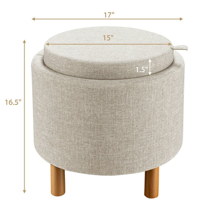 Round Fabric Storage Ottoman with Tray and Non-Slip Pads for Bedroom, Beige Ottomans   at Gallery Canada