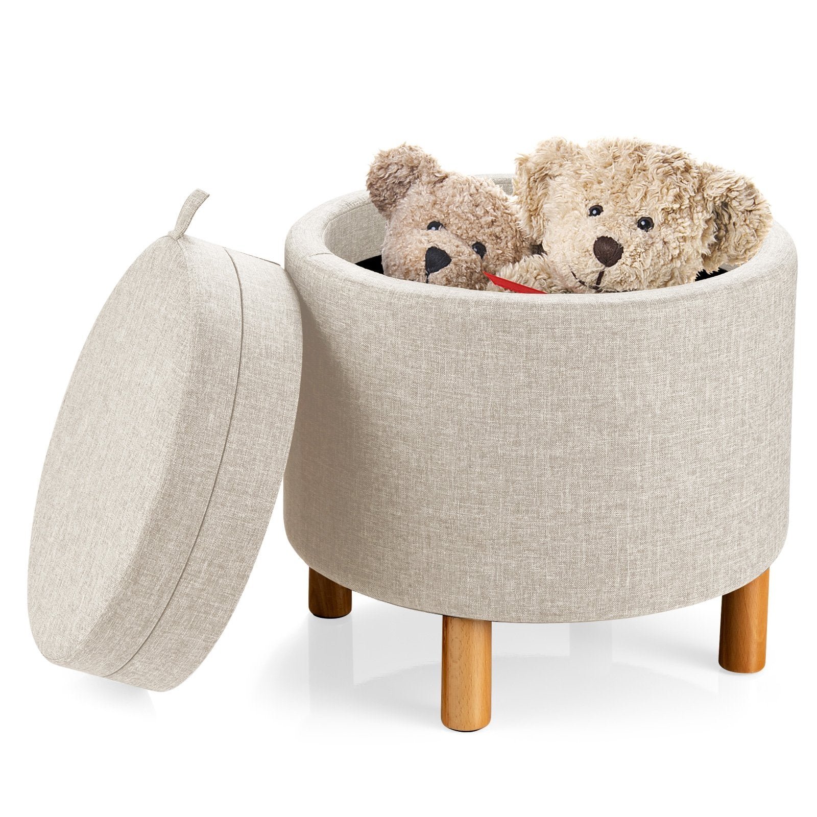 Round Fabric Storage Ottoman with Tray and Non-Slip Pads for Bedroom, Beige Ottomans   at Gallery Canada