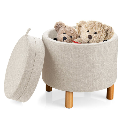 Round Fabric Storage Ottoman with Tray and Non-Slip Pads for Bedroom, Beige