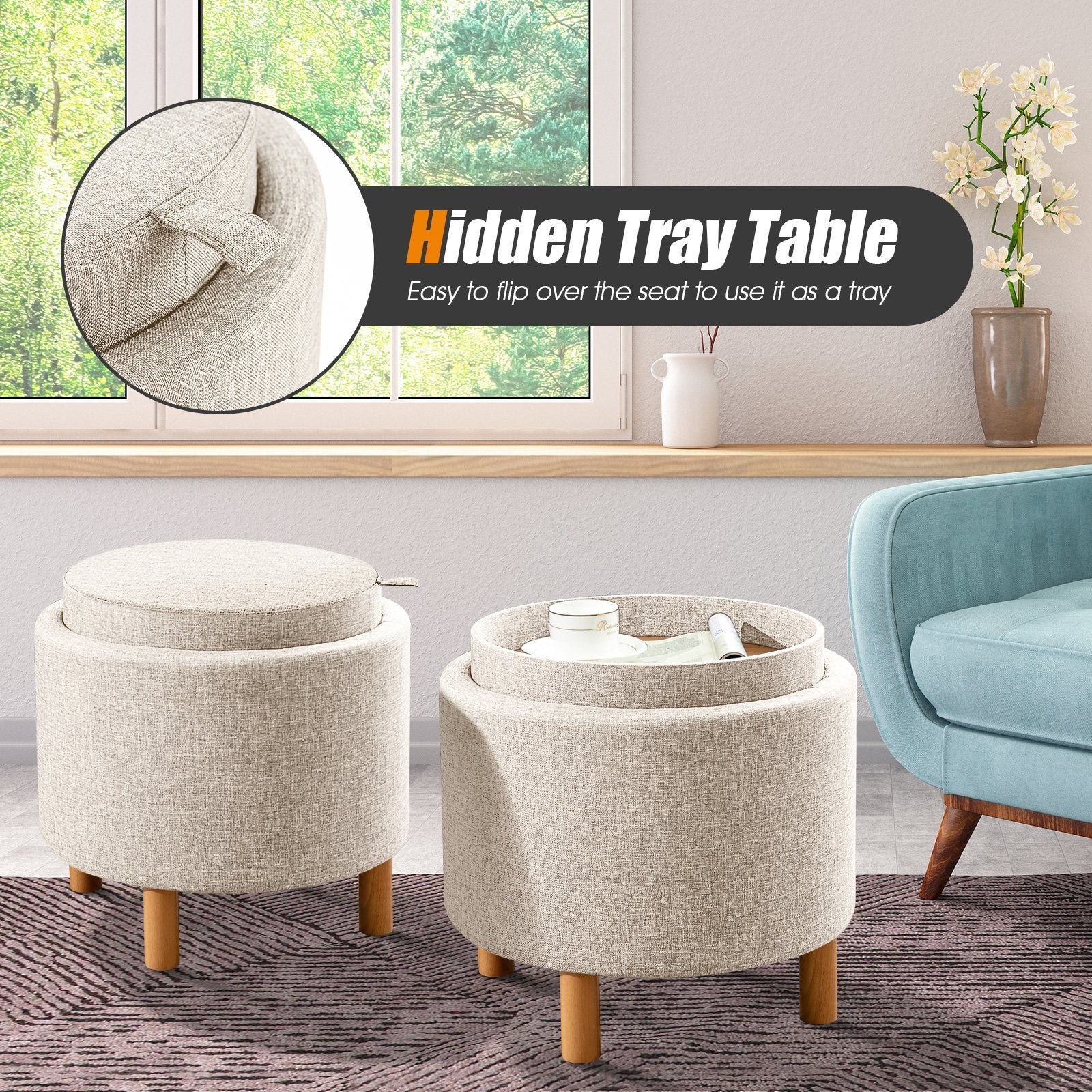 Round Fabric Storage Ottoman with Tray and Non-Slip Pads for Bedroom, Beige Ottomans   at Gallery Canada