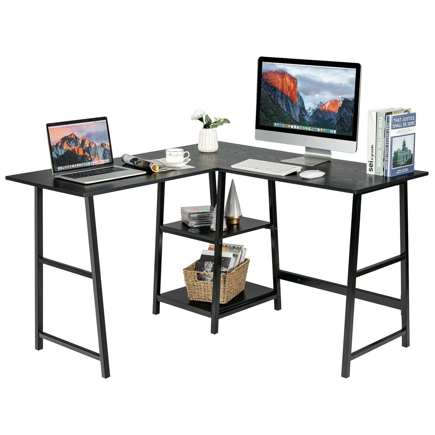 L Shaped Corner Computer Desk with Storage Shelves, Black L-Shaped Desks   at Gallery Canada