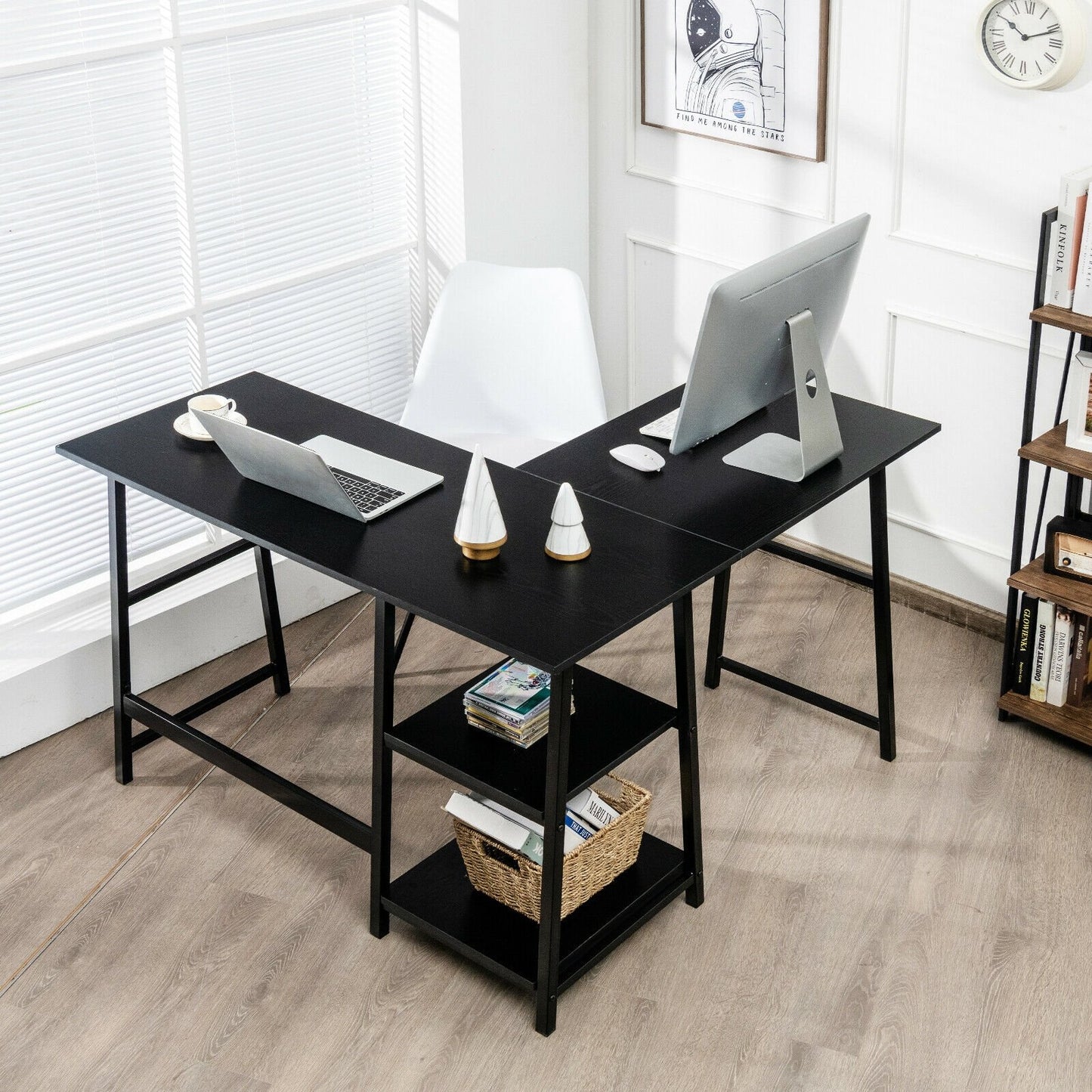 L Shaped Corner Computer Desk with Storage Shelves, Black L-Shaped Desks   at Gallery Canada