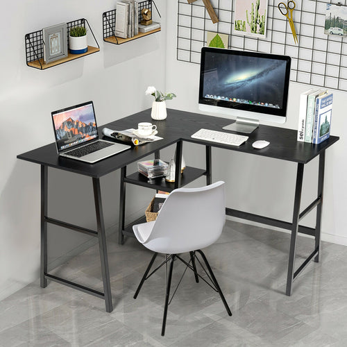 L Shaped Corner Computer Desk with Storage Shelves, Black