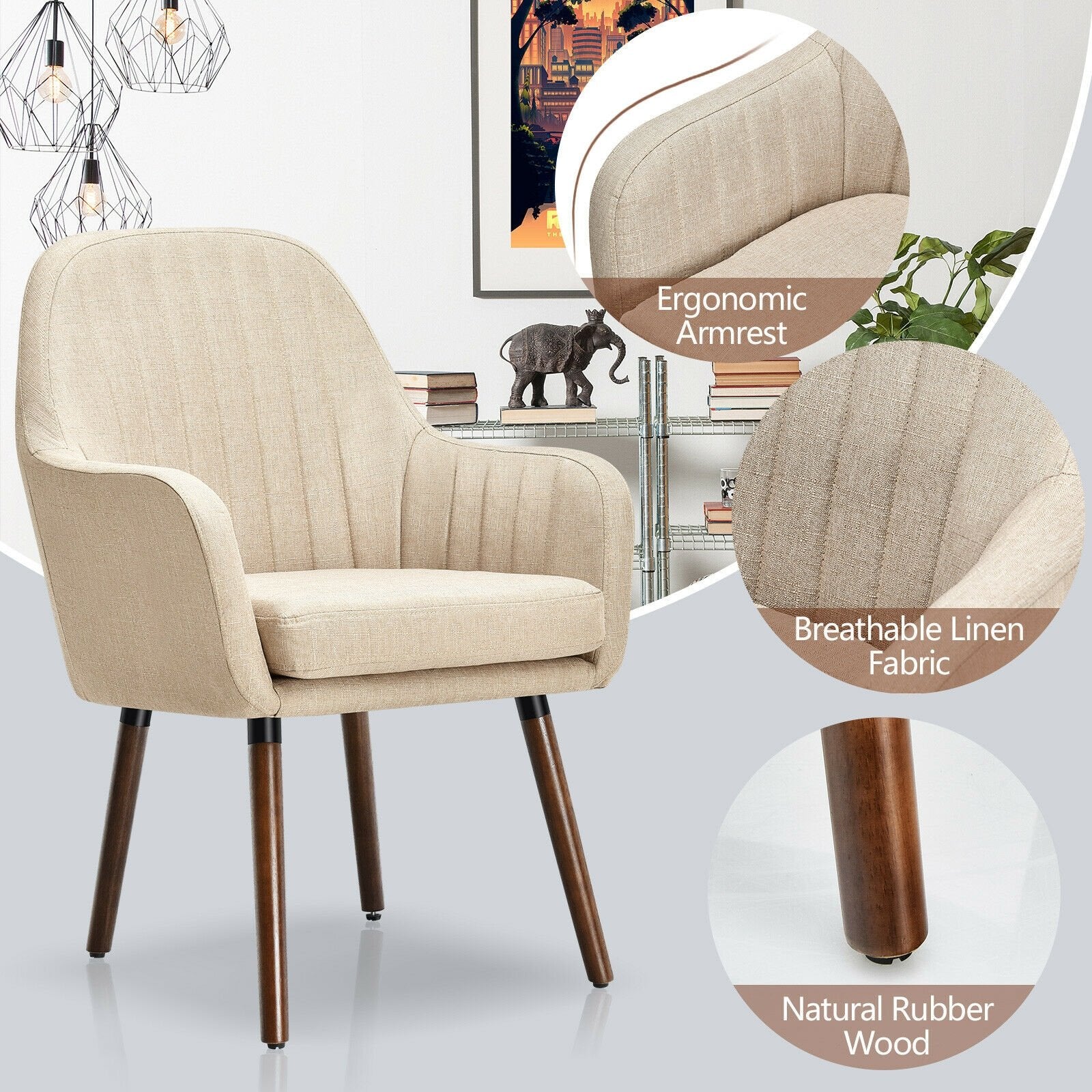 Set of 2 Fabric Upholstered Accent Chairs with Wooden Legs, Beige Accent Chairs   at Gallery Canada