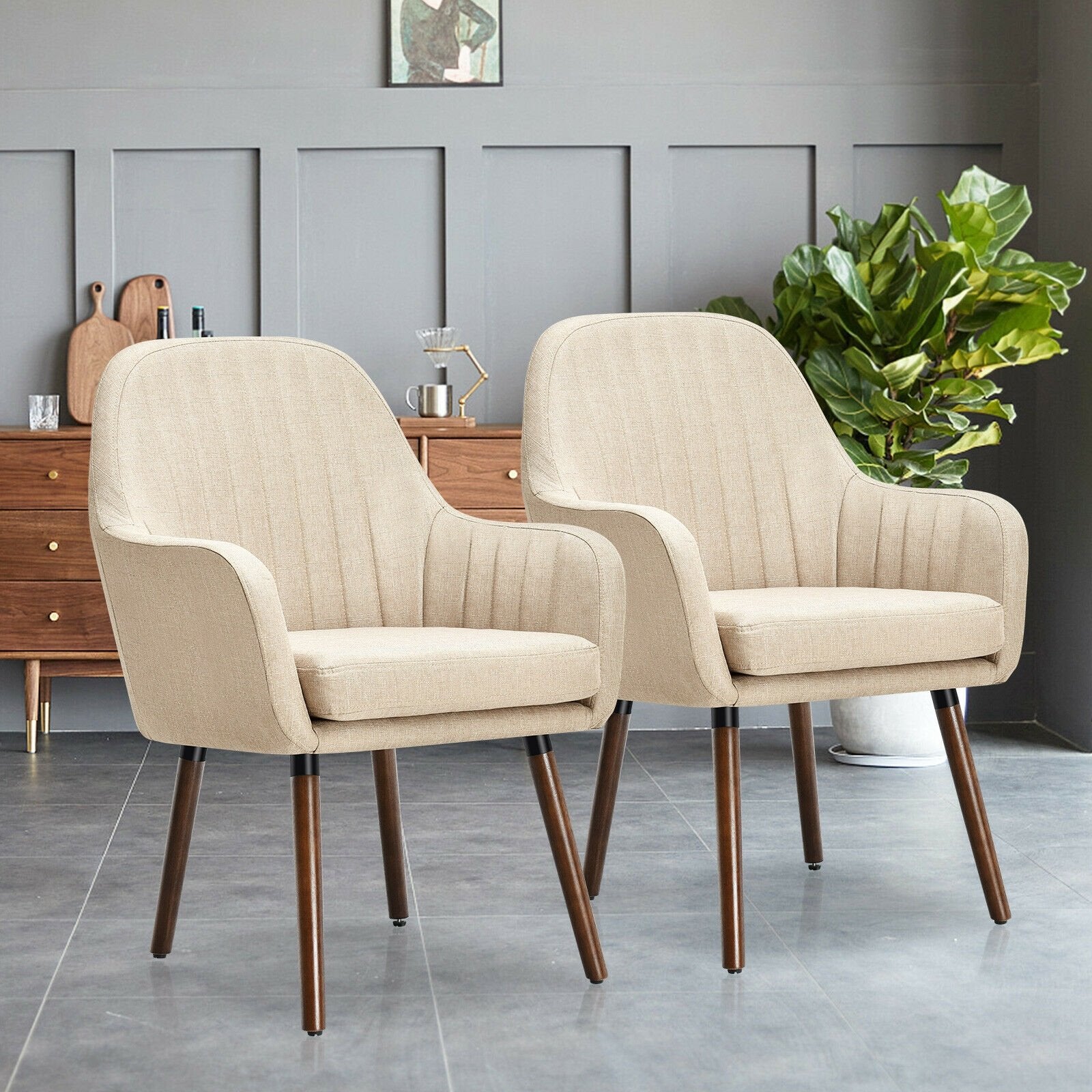 Set of 2 Fabric Upholstered Accent Chairs with Wooden Legs, Beige Accent Chairs   at Gallery Canada