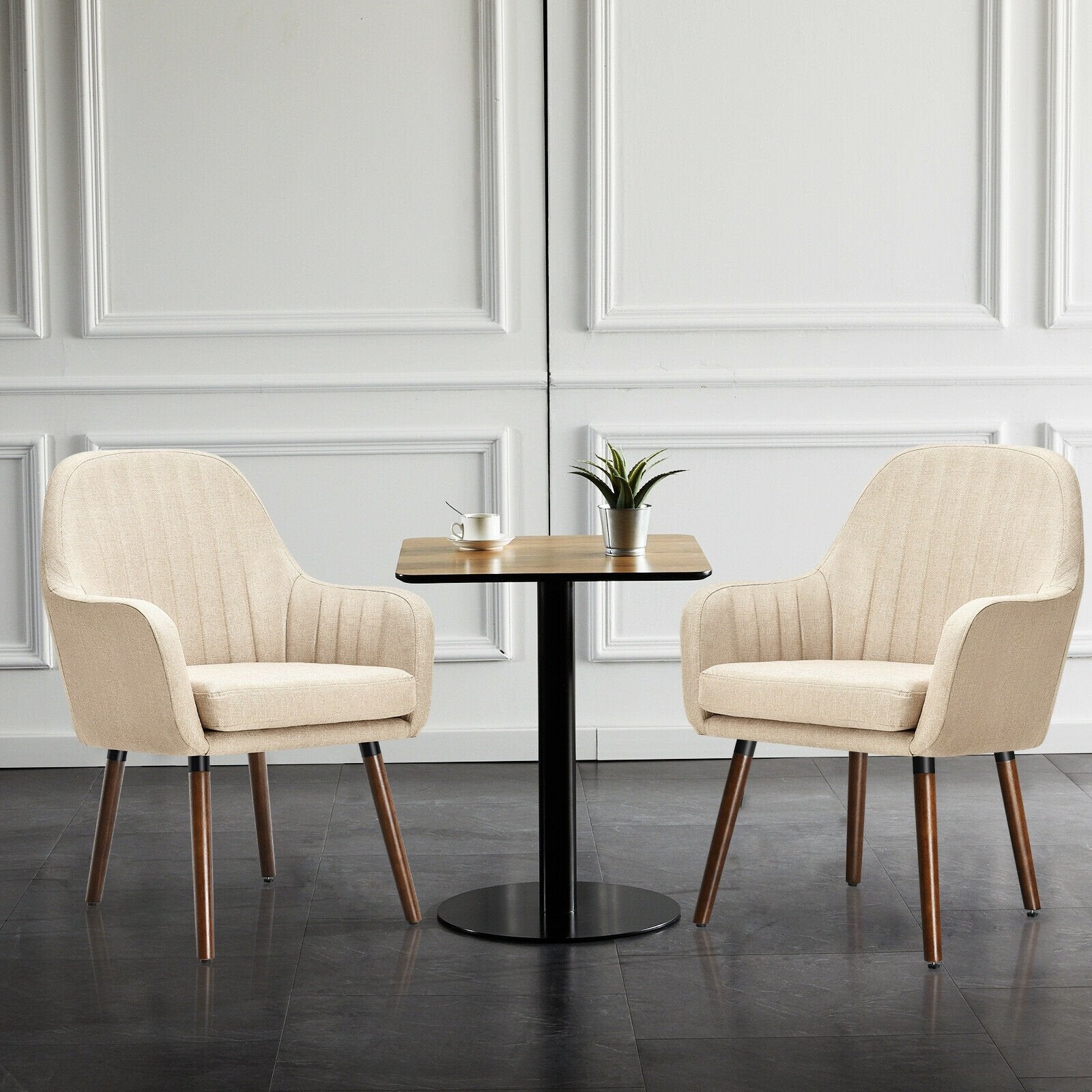 Set of 2 Fabric Upholstered Accent Chairs with Wooden Legs, Beige Accent Chairs   at Gallery Canada