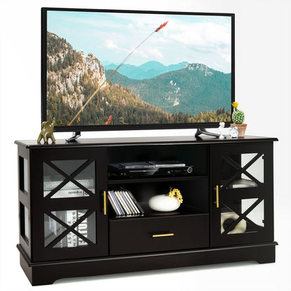 Wood TV Stand with 2 Glass Door Cabinets and 2-Tier Adjustable Shelves, Brown - Gallery Canada